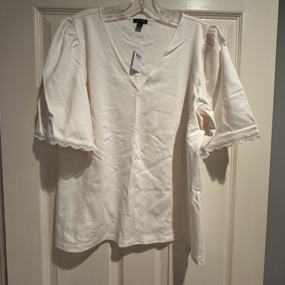 Ann Taylor Cream V-Neck Blouse with Lace Trim